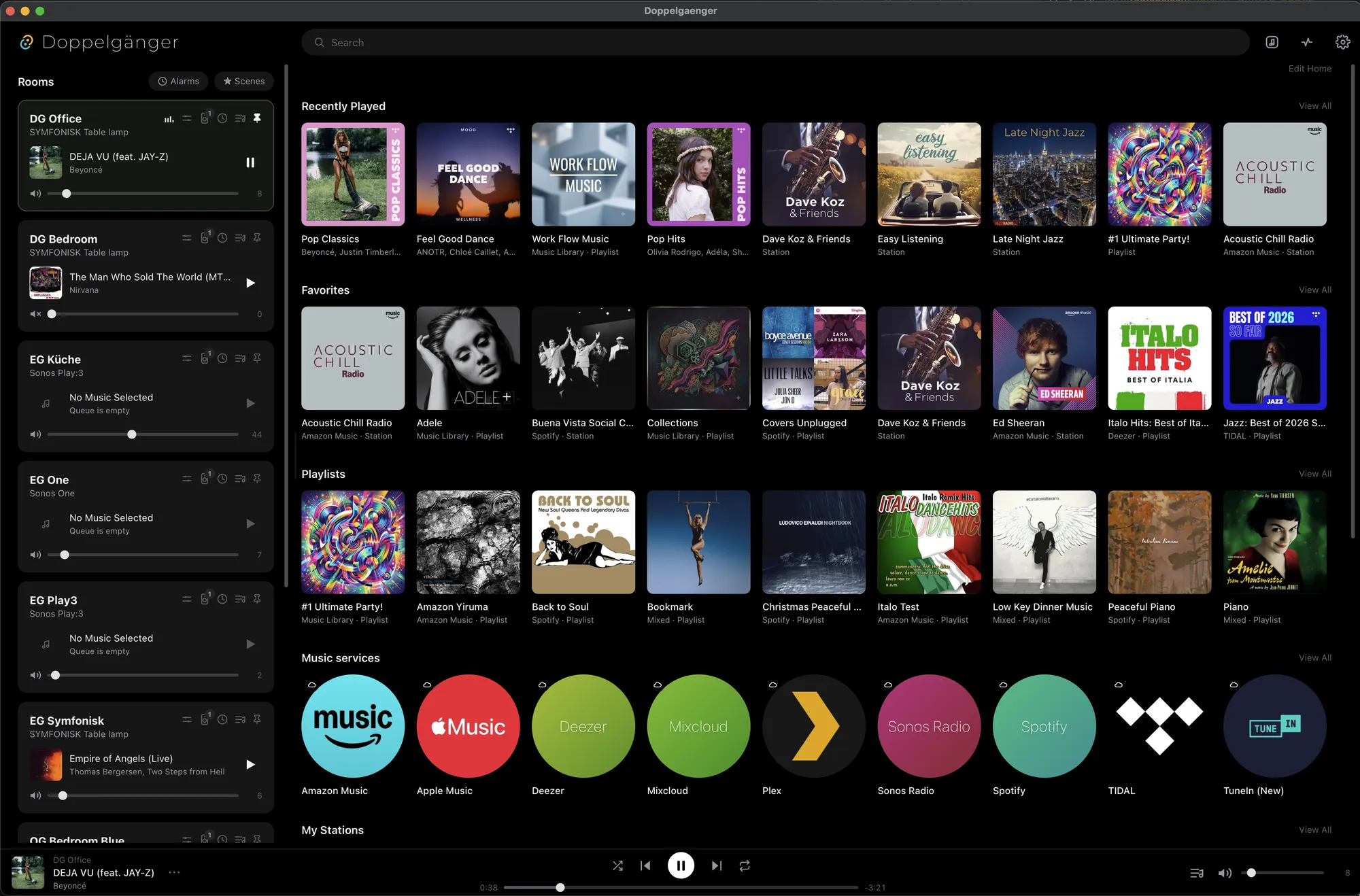 The Doppelgänger main window on macOS: every Sonos room in one sidebar, with recently played, favourites, playlists and music services in the browse area.