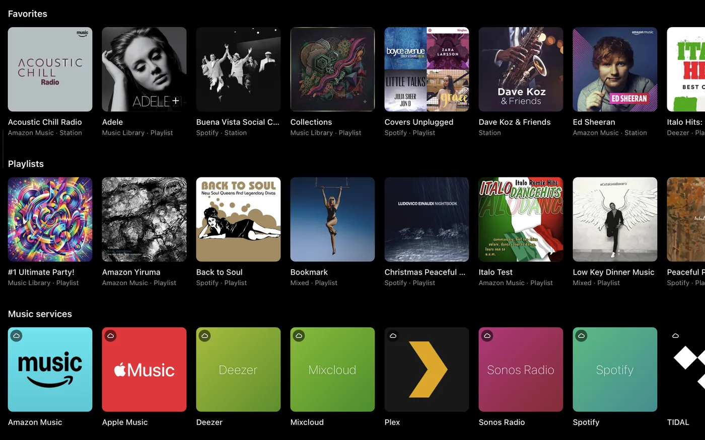 Favourites, playlists and the music services set up on this Sonos system, each with its own artwork.