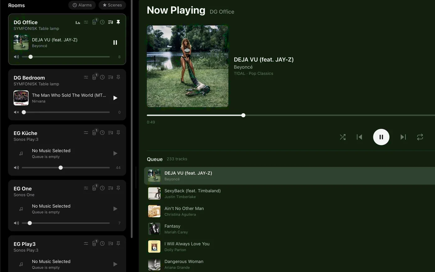 The Now Playing pane, the room card and the current queue row in Doppelgänger, all tinted to match the album art of the track playing.
